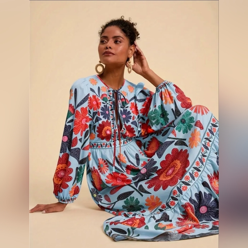 Floral Print Long Sleeve Maxi Dress - Light Blue - Picture 5 of 15